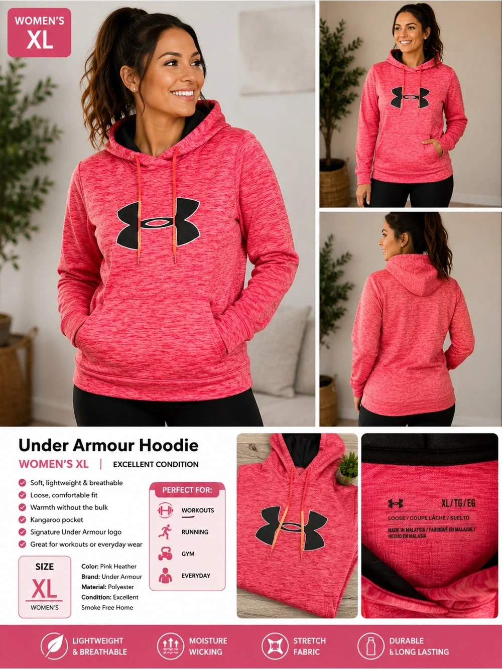 Under Armour Pink Heather Pullover Hoodie with Black Logo - Women's XL - Picture 1 of 1